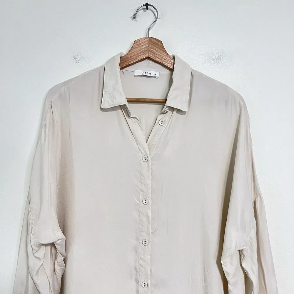 Dissh Oversized Satin Like Button Up Shirt Cream AU 12 US 8 Cupro Blend Neutral - Picture 3 of 12